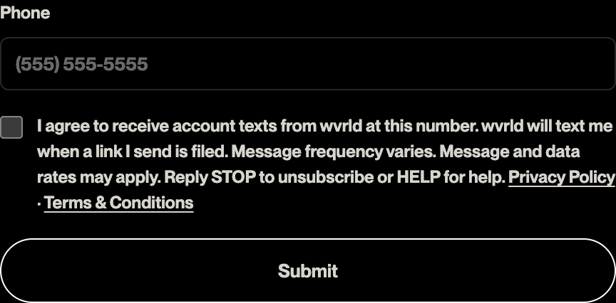 The wvrld SMS consent step, with the checkbox unchecked
